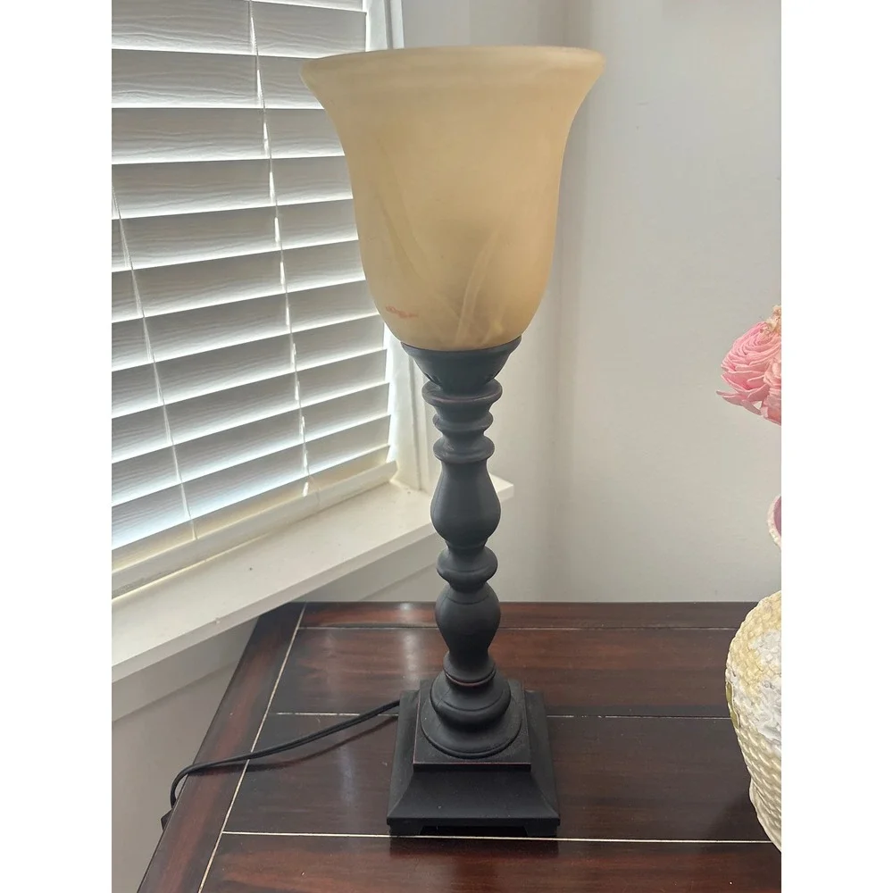 Vintage J. Hunt Bronze Goblet Style Lamp Amber Alabaster Swirl Glass Shade